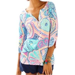 Lilly Pulitzer Tile Wave Mosaic Linen Henley Tunic Top Small